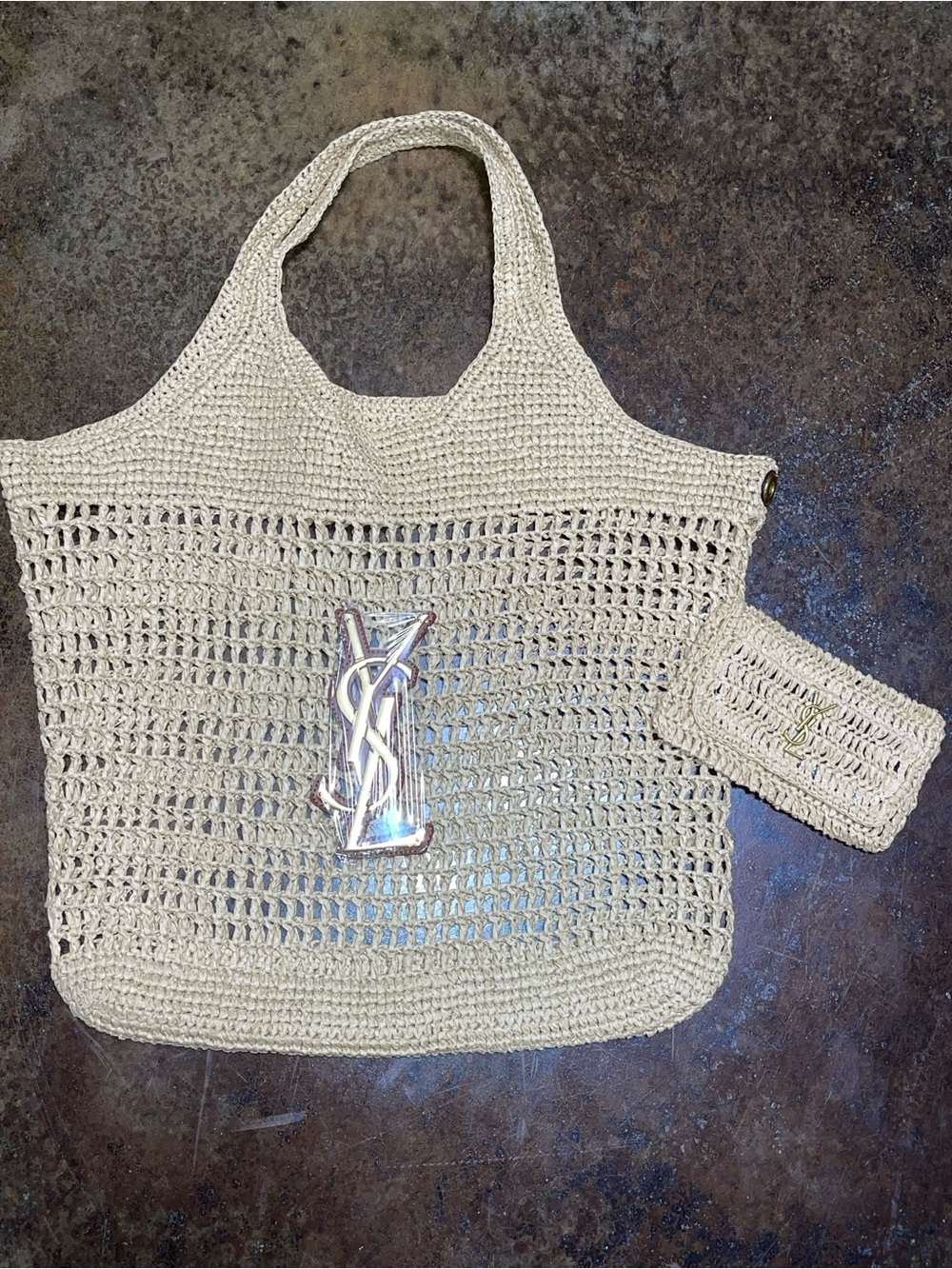 Saint Laurent Beige Crochet Tote with Metallic Logo and Pouch